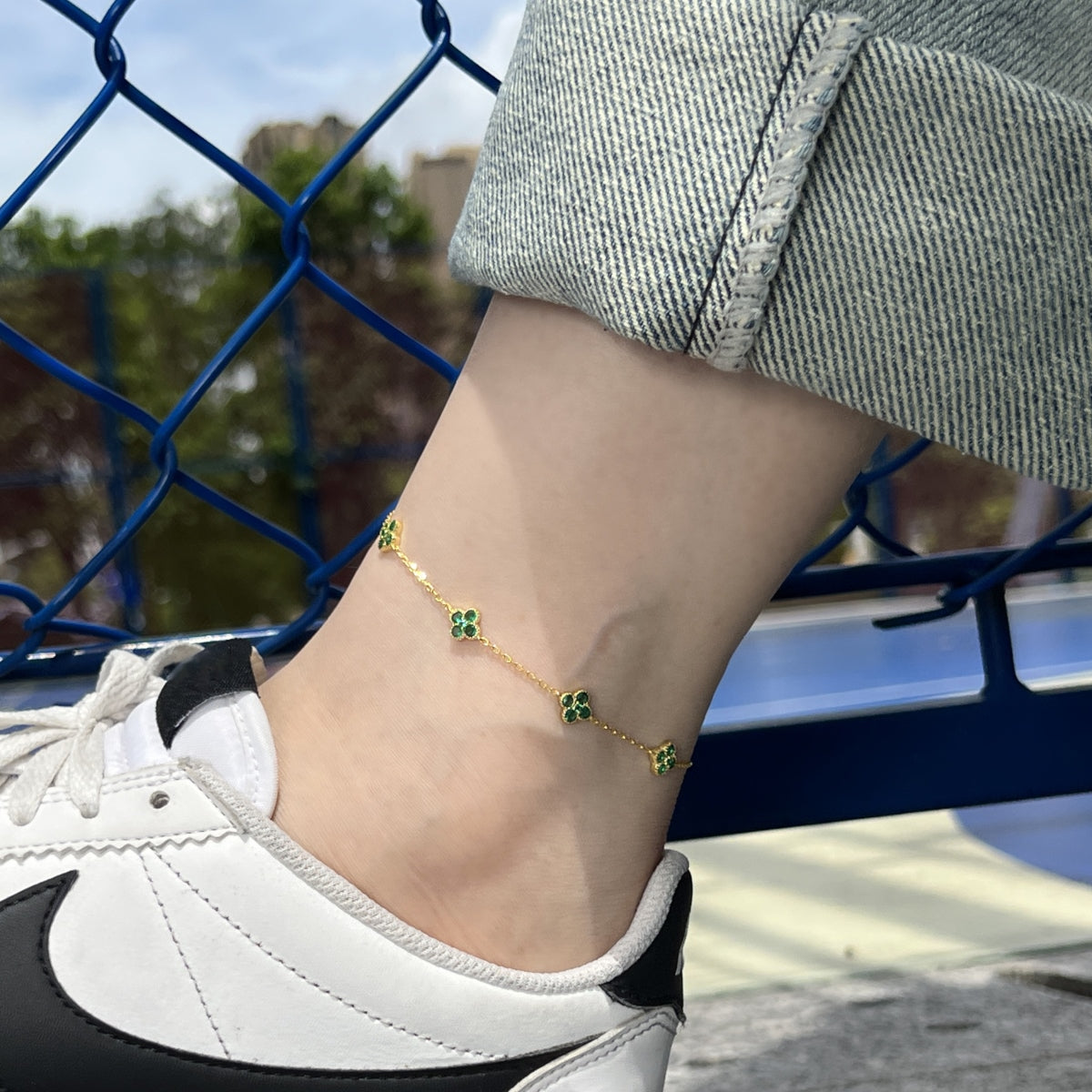 Verdelle Clover Drop Anklet 925 Sterling Silver | 18K Gold Plating | CZ Accent