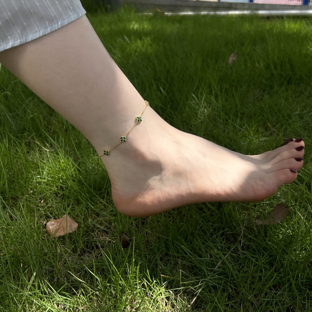 Verdelle Clover Drop Anklet 925 Sterling Silver | 18K Gold Plating | CZ Accent