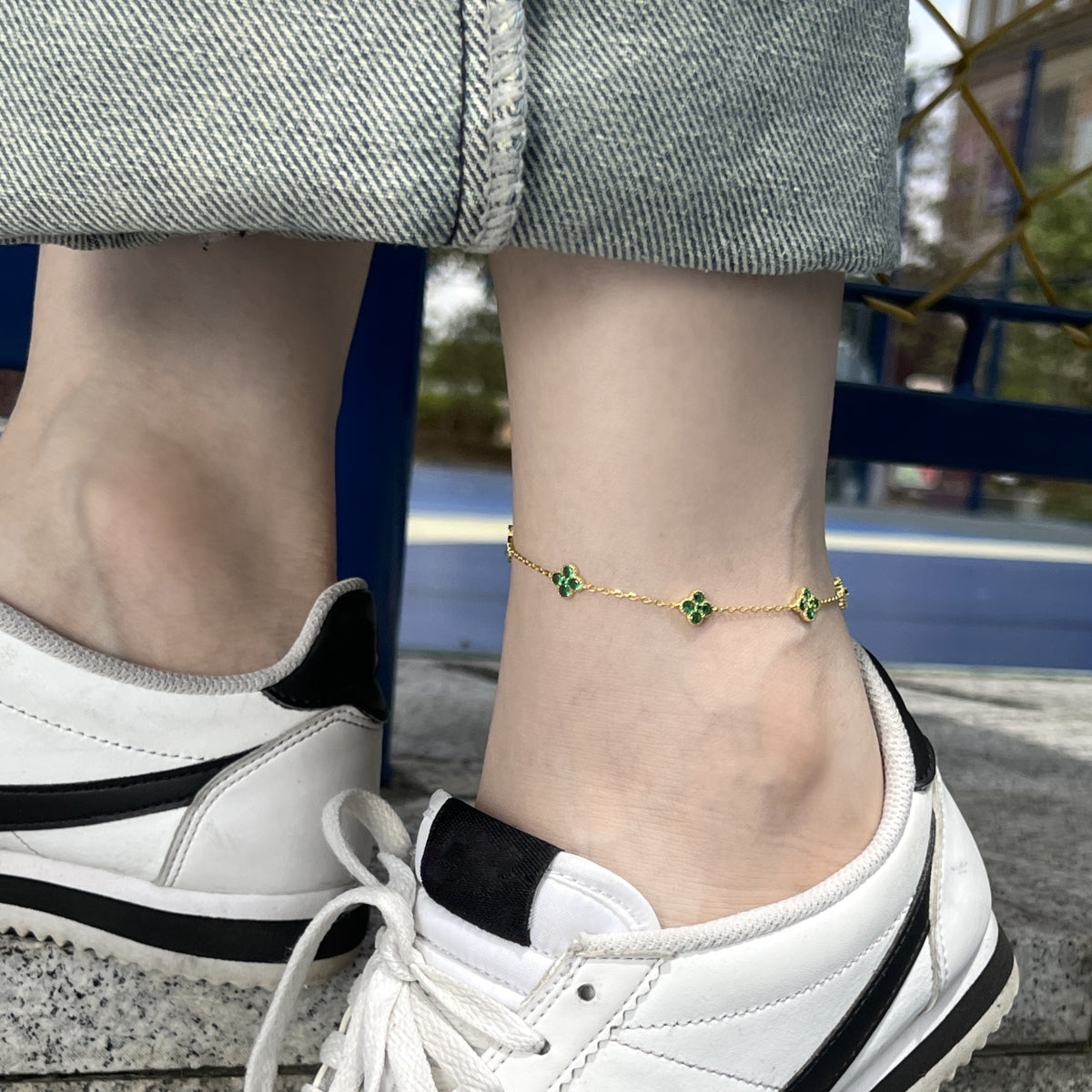 Verdelle Clover Drop Anklet 925 Sterling Silver | 18K Gold Plating | CZ Accent