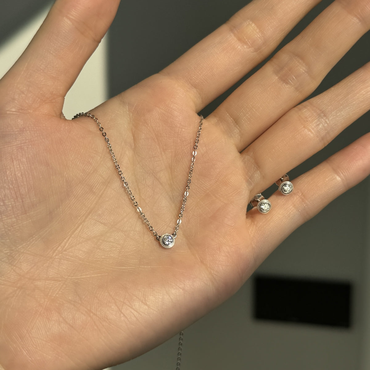 “Leina” Bezel-Set Stud Earrings and Solitaire Necklace