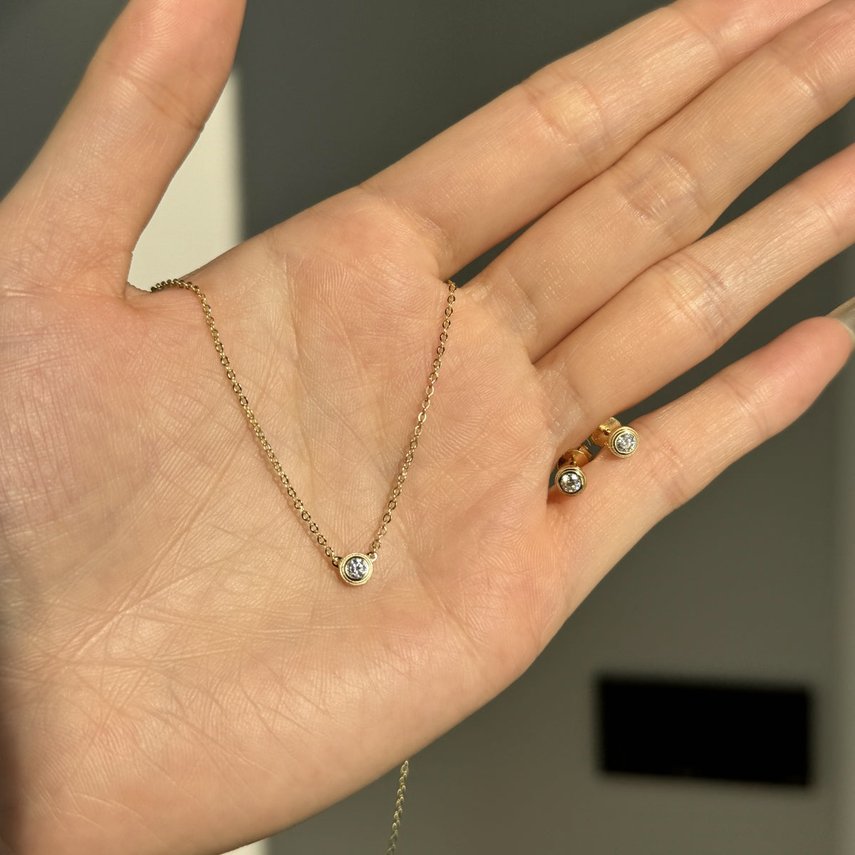 “Leina” Bezel-Set Stud Earrings and Solitaire Necklace