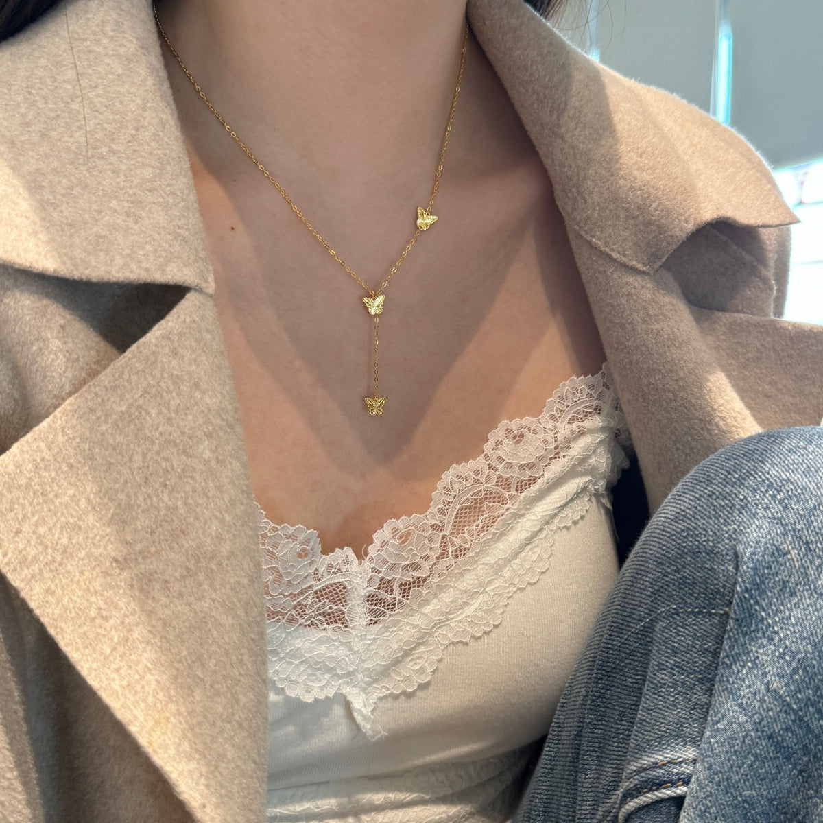 Celestia Flutter Y-Necklace 925 Sterling Silver | 18K Gold Plating | Adjustable Fit