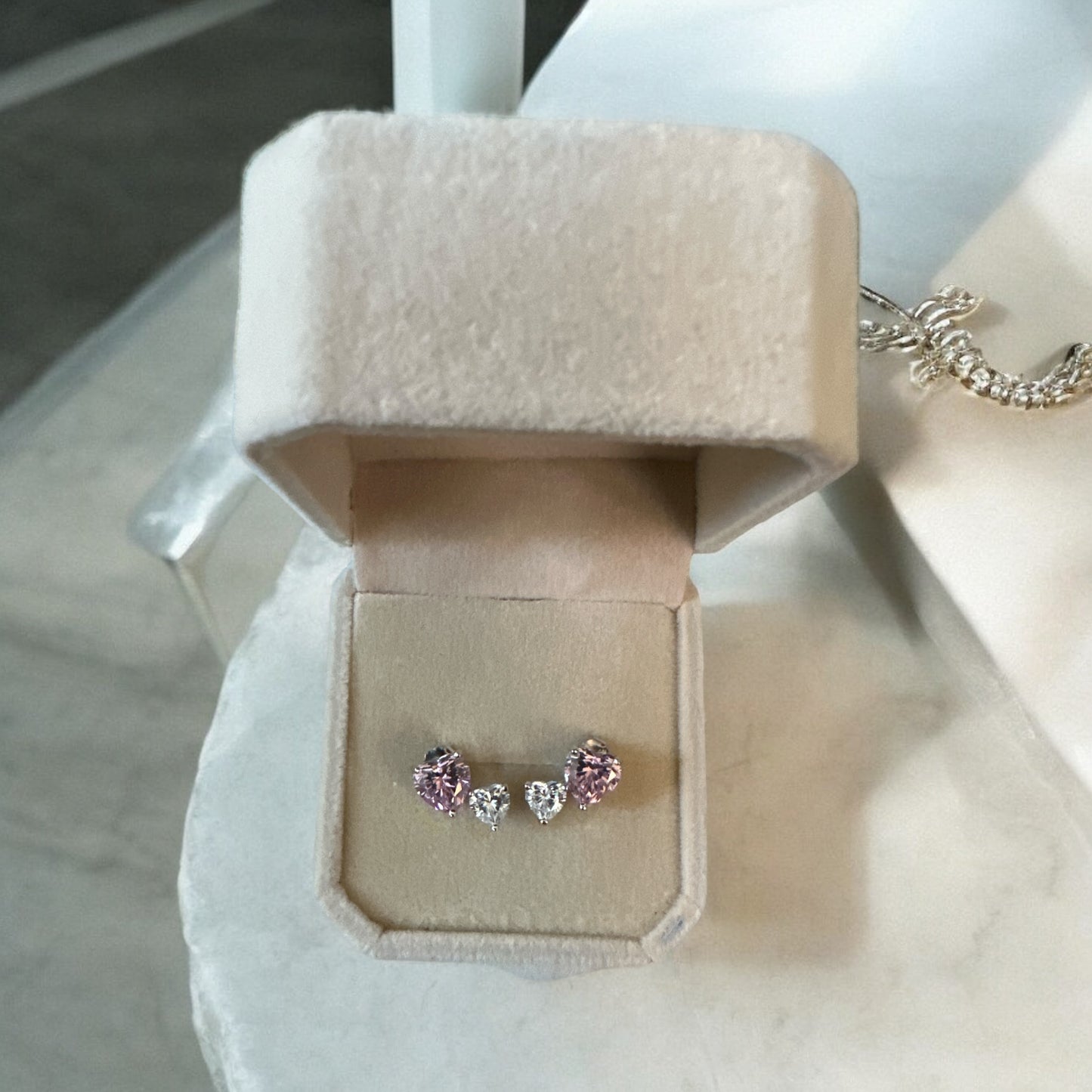 S925 Pink & White Heart Stud Earrings
