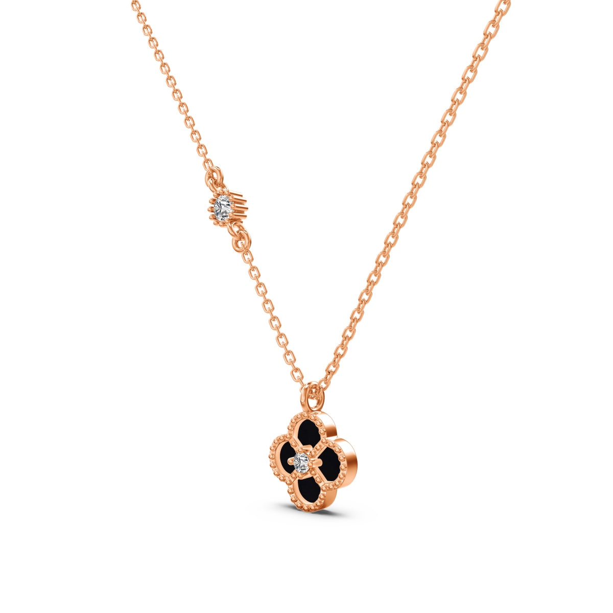 Noir Bloom: Black Enamel Clover Pendant Necklace