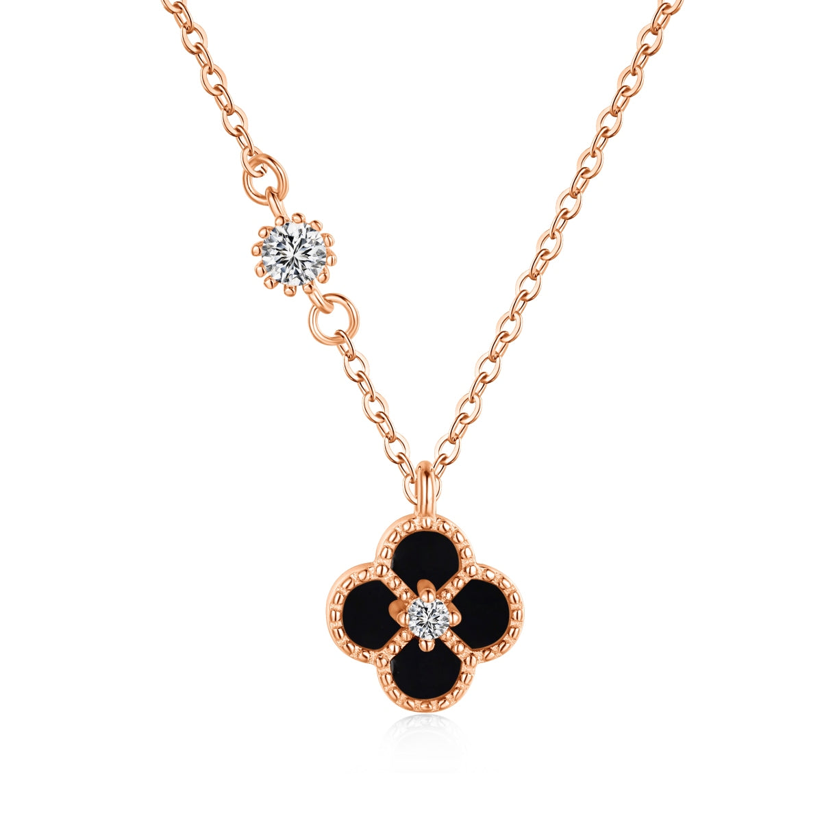 Noir Bloom: Black Enamel Clover Pendant Necklace