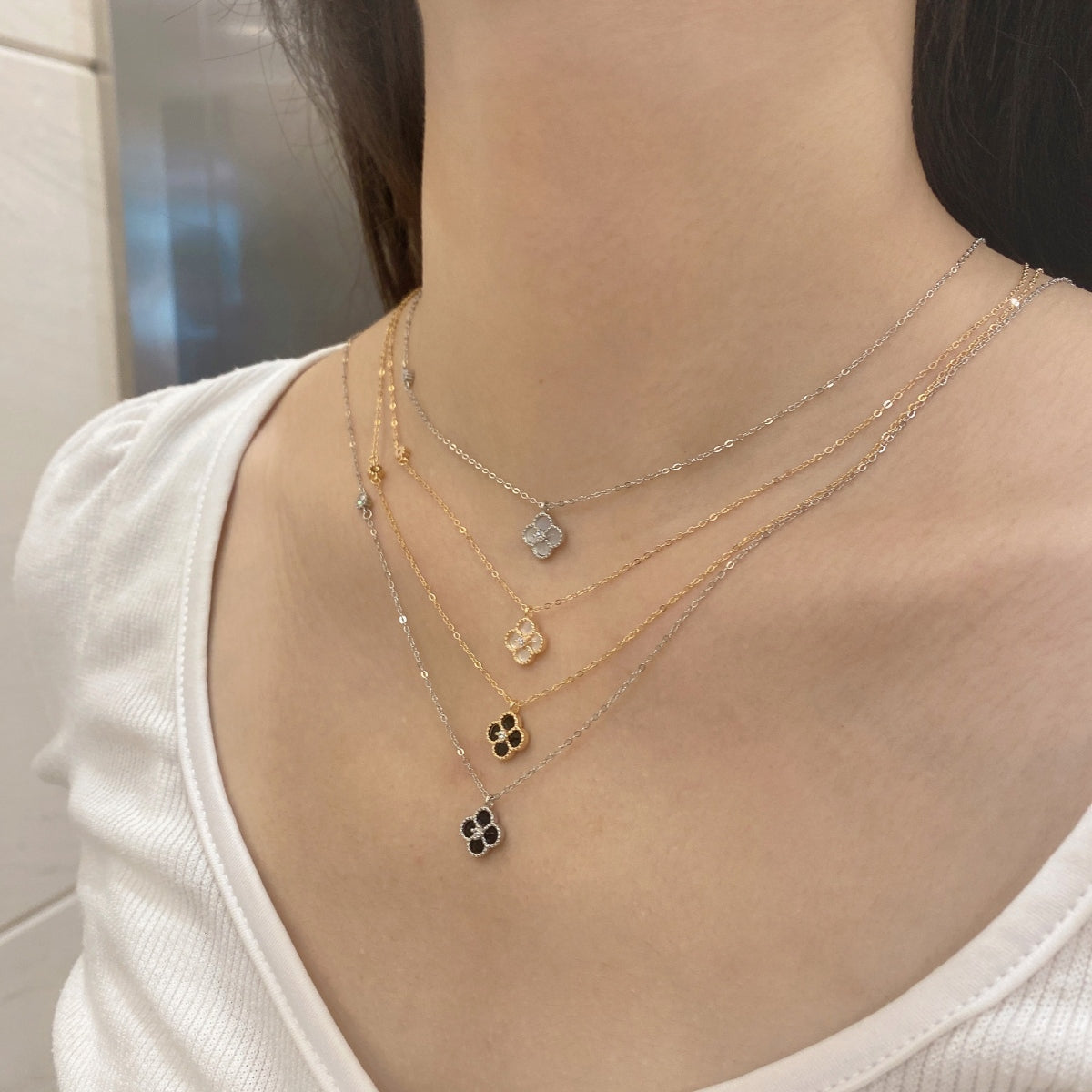 Noir Bloom: Black Enamel Clover Pendant Necklace