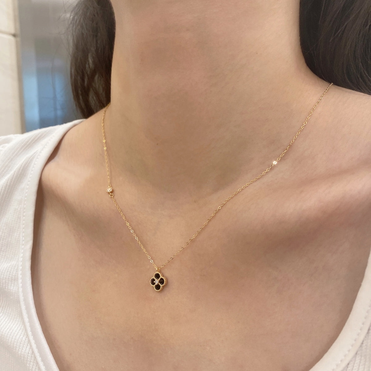 Noir Bloom: Black Enamel Clover Pendant Necklace