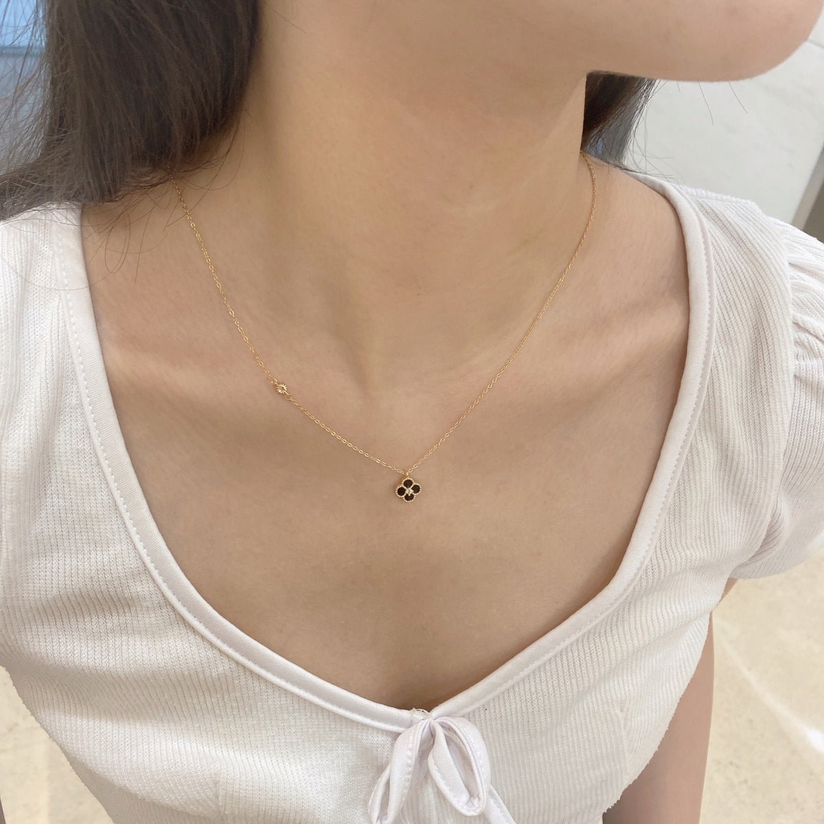 Noir Bloom: Black Enamel Clover Pendant Necklace