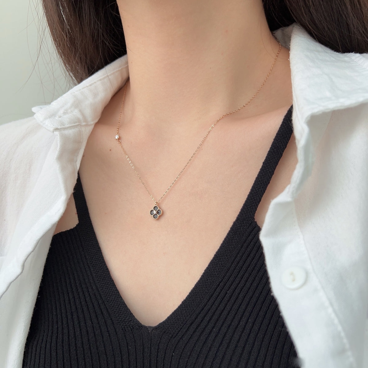 Noir Bloom: Black Enamel Clover Pendant Necklace