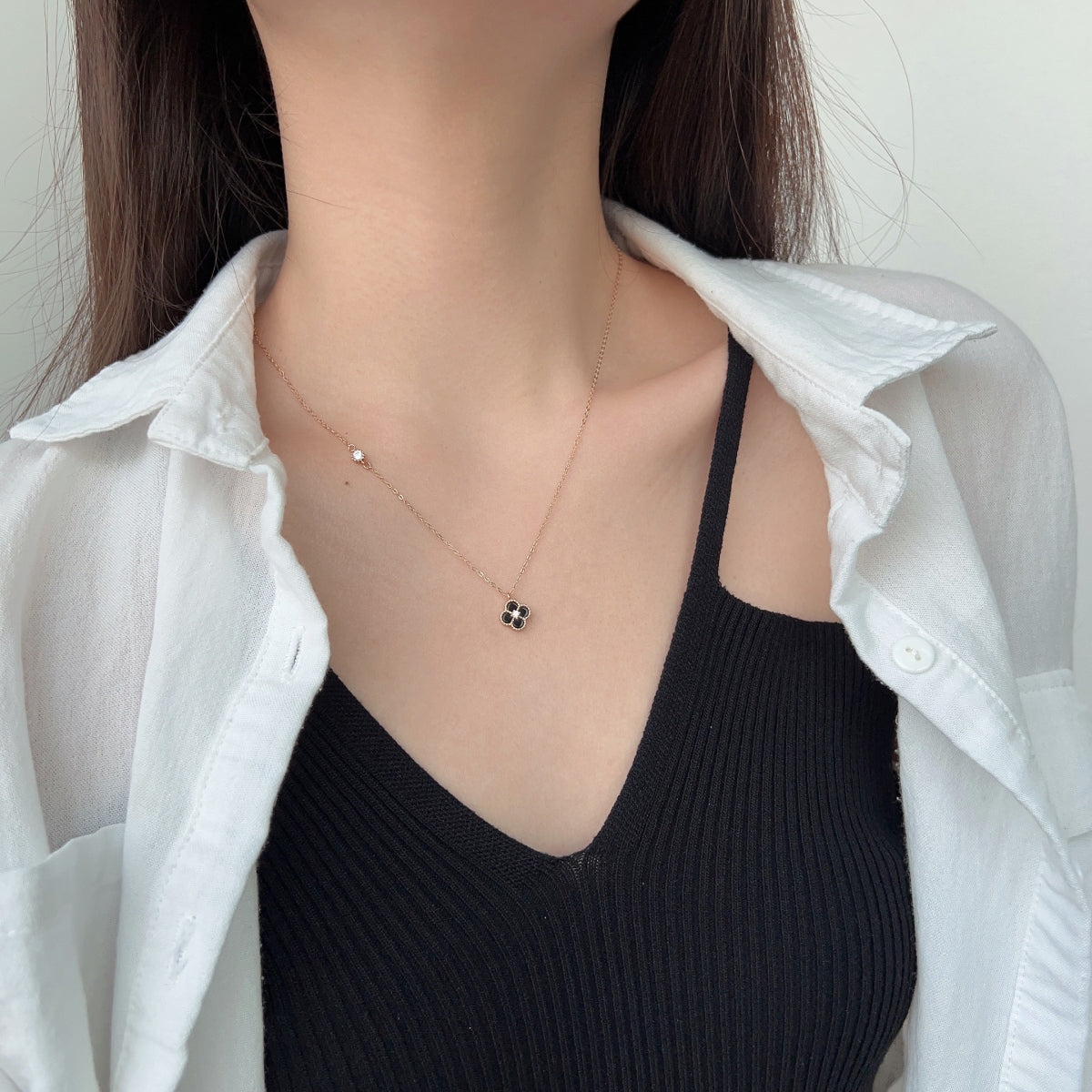 Noir Bloom: Black Enamel Clover Pendant Necklace