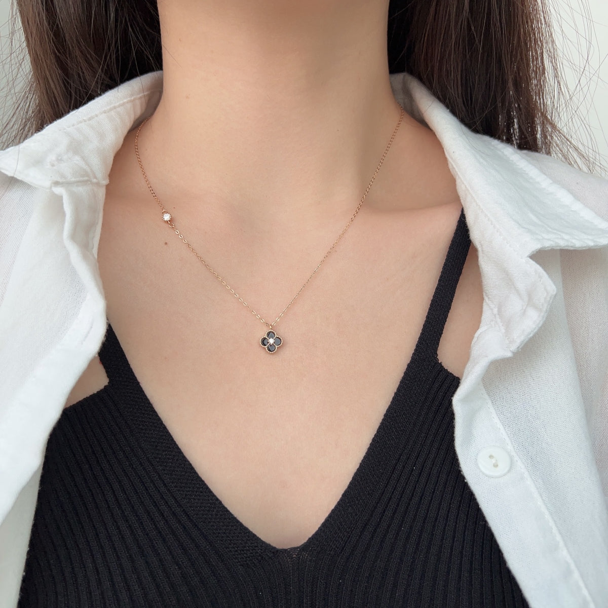 Noir Bloom: Black Enamel Clover Pendant Necklace