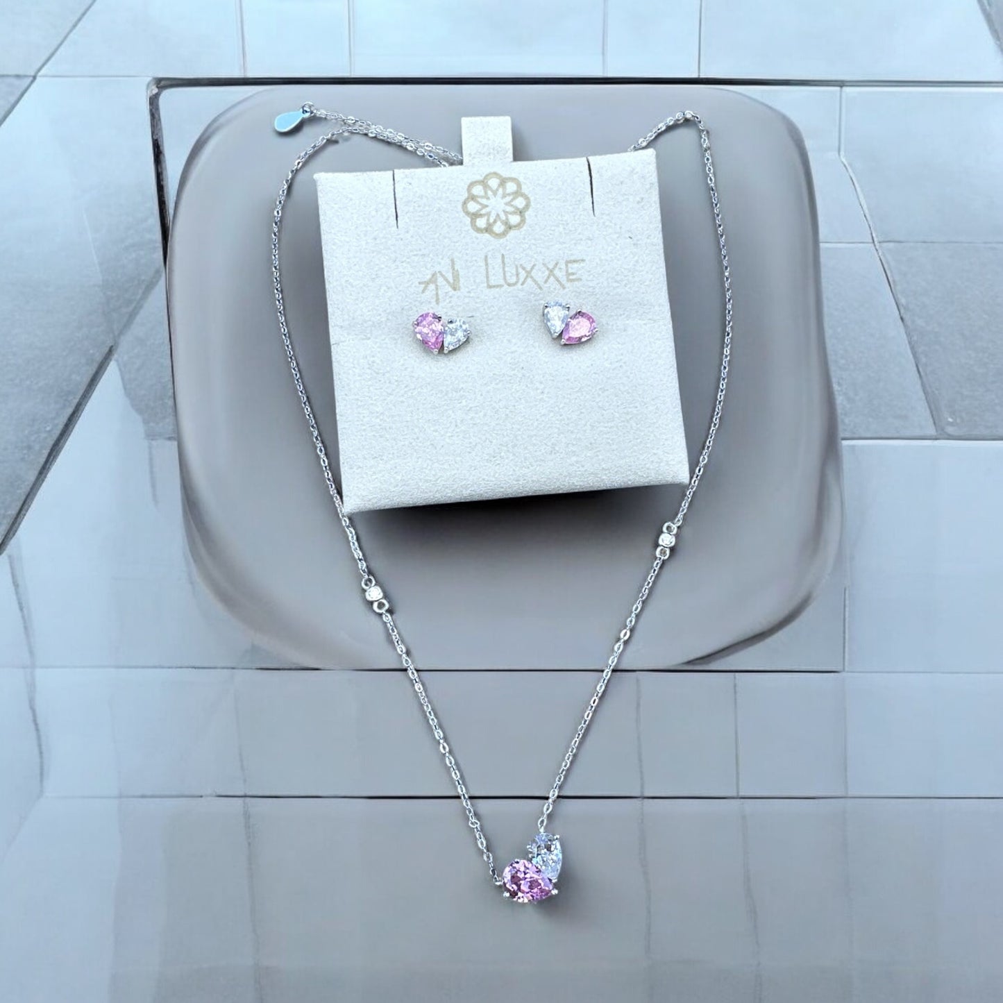 Heart pink and white earrings and necklace