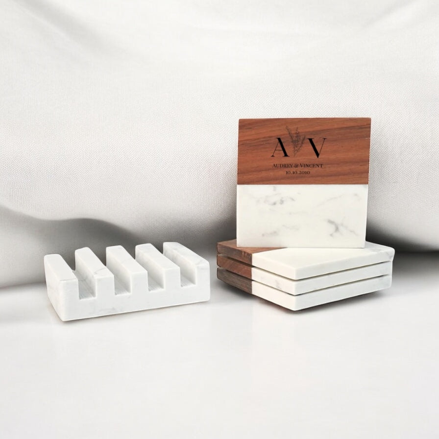 “Engraved Marble & Acacia Wood Coaster Set with Holder – Set of 4”