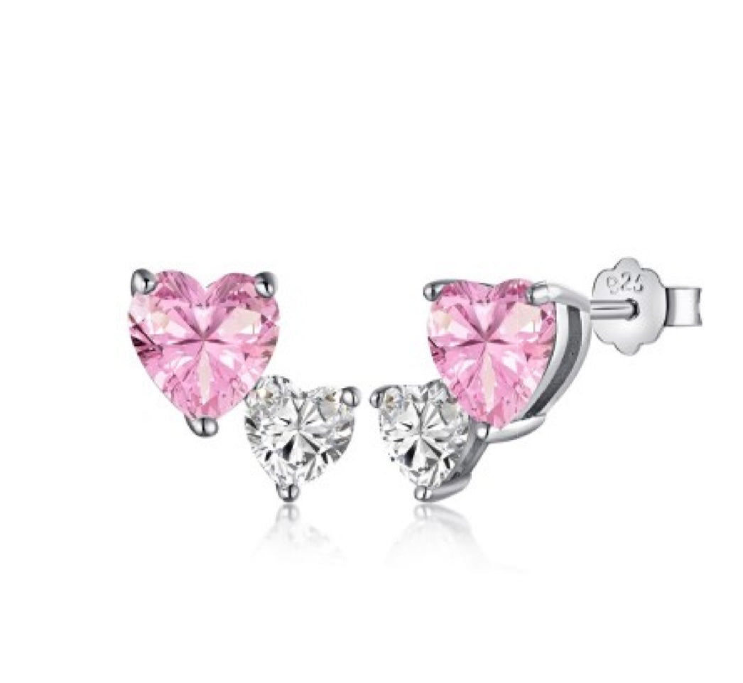 S925 Pink & White Heart Stud Earrings