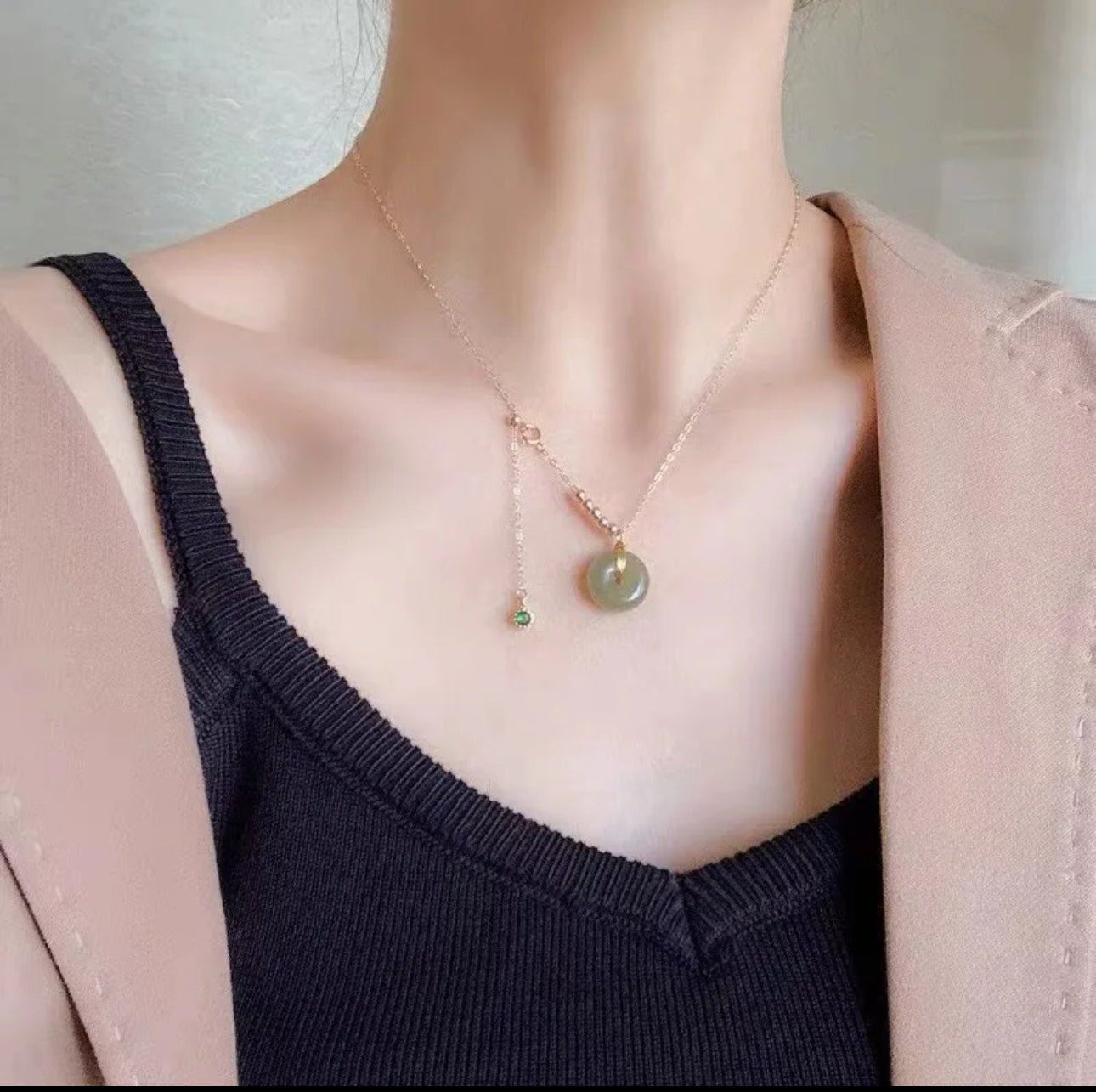 Good Luck Natural Jade Donut Pendant Necklace