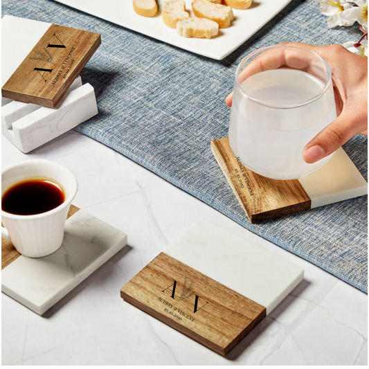 “Engraved Marble & Acacia Wood Coaster Set with Holder – Set of 4”
