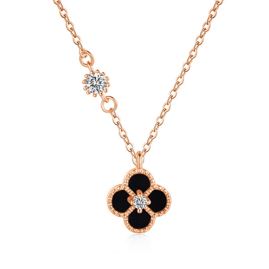 Noir Bloom: Black Enamel Clover Pendant Necklace