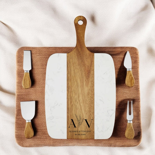 “A&V Personalized Marble and Acacia Charcuterie Set”