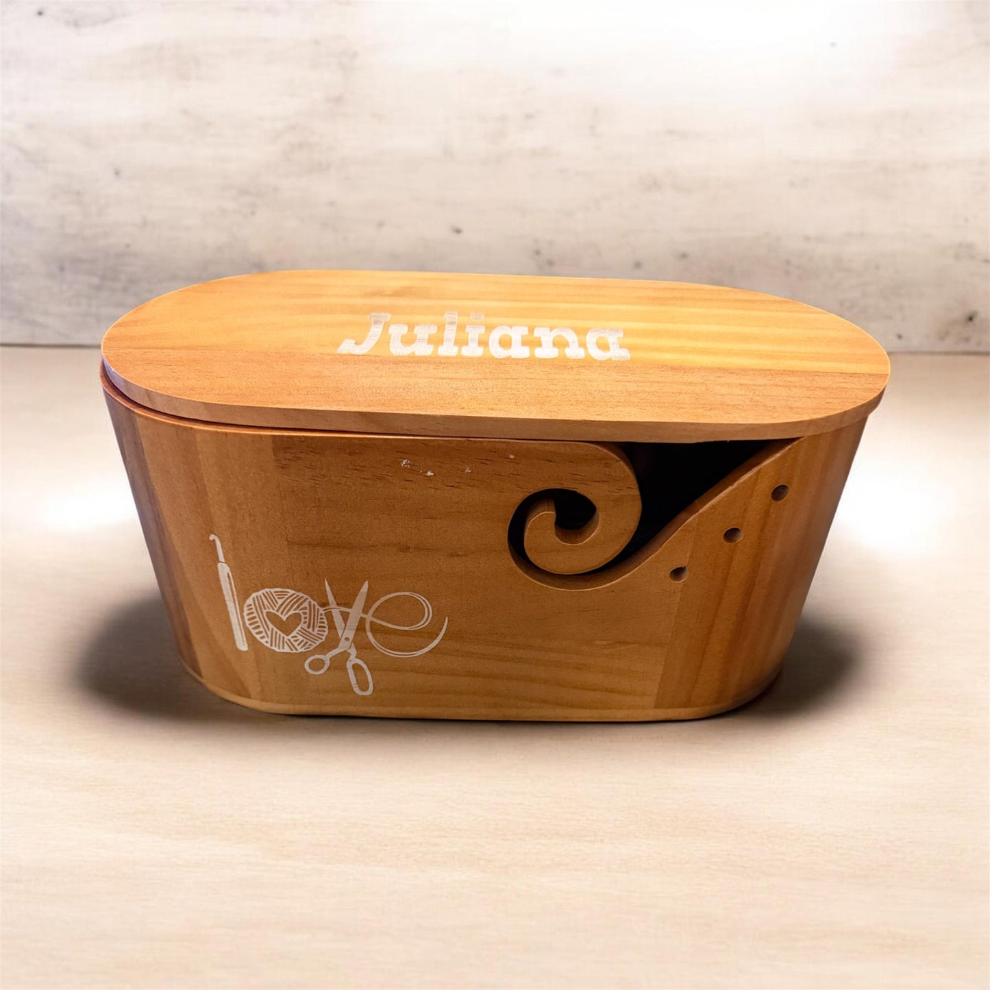 Oval Acacia Wooden Yarn Bowl with Lid – Crochet Yarn Holder & Knitting Organizer Set
 (customized) free engraving