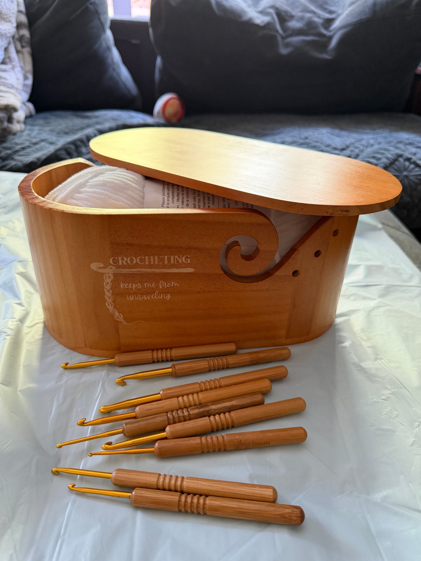 Oval Acacia Wooden Yarn Bowl with Lid – Crochet Yarn Holder & Knitting Organizer Set
 (customized) free engraving