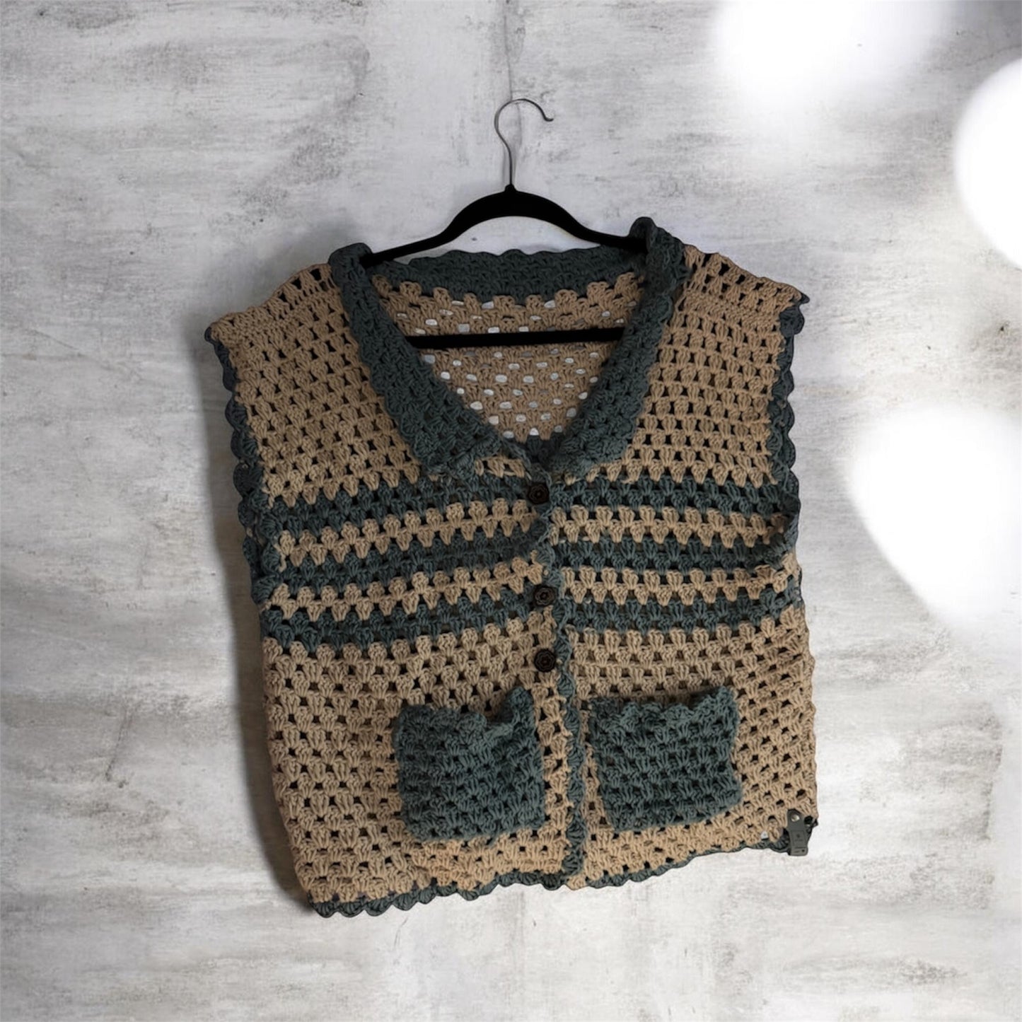 Earthy Striped Crochet Button-Front Vest – Organic Texture & Vintage Charm
